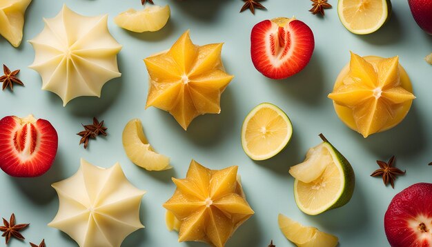 Foto uma coleção de frutas e kiwis são exibidos em um fundo azul