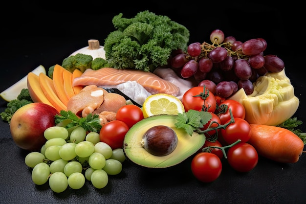 Uma coleção de frutas e legumes saudáveis em uma mesa preta