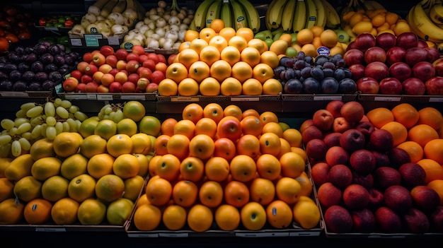 Uma coleção de frutas em uma prateleira de supermercado produtos de frutas frescas no shopping generative ai