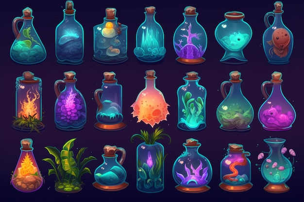 Uma coleção de garrafas com designs diferentes, incluindo peixe, peixe, mar e submarino.