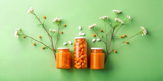 uma coleção de garrafas com flores e um monte de flores em um fundo verde