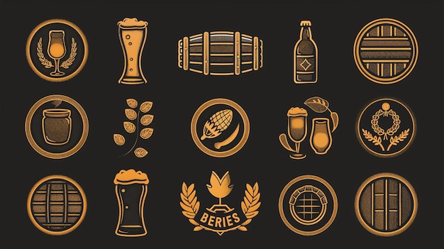 Uma coleção de ícones com temas de cerveja Os ícones são todos em formato circular e incluem imagens de copos de cerveja garrafas de cerveja lúpulo cevada e trigo