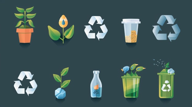 uma coleção de ícones para reciclagem, incluindo um que diz reciclar