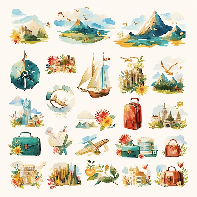 Uma coleção de ilustrações a aquarela de vários itens relacionados a viagens, incluindo uma bússola, uma mala, um barco e um pássaro