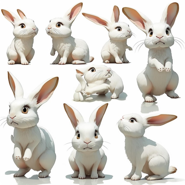 Uma coleção de ilustrações de coelhos com diferentes expressões.