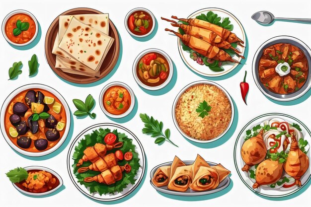 uma coleção de ilustrações de deliciosos pratos árabes adequados para menus de restaurantes ou banners