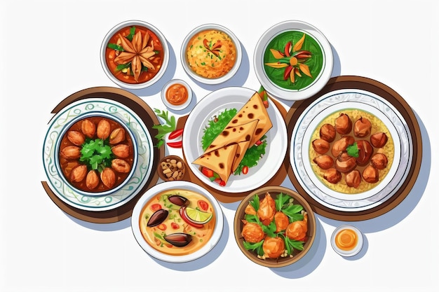 uma coleção de ilustrações de deliciosos pratos árabes adequados para menus de restaurantes ou banners