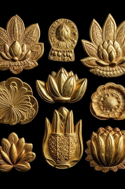 Uma coleção de ímãs de flor de lótus de ouro