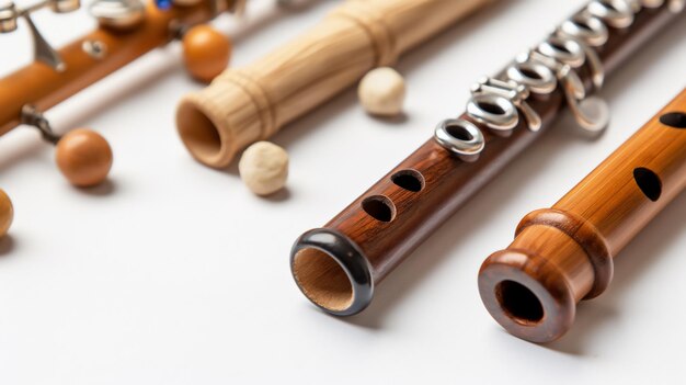 Uma coleção de instrumentos de sopro de madeira, incluindo flautas e flautas em fundo branco