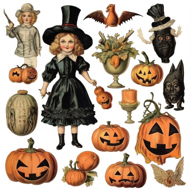 uma coleção de itens de Halloween, incluindo uma bruxa e uma bruxa.