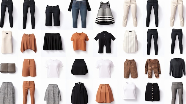 Uma coleção de itens de vestuário, incluindo camisetas, calças e um par de jeans.