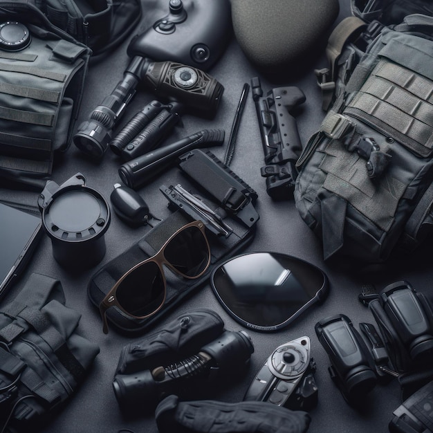 Uma coleção de itens diferentes, incluindo uma arma, óculos de sol e um capacete.