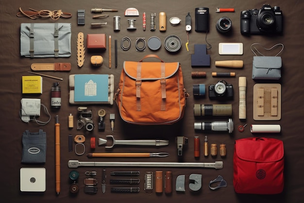 Uma coleção de itens, incluindo uma mochila, um livro, um livro e uma câmera.