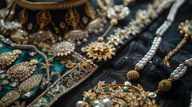 Uma coleção de jóias antigas de ouro e pérolas exibidas em um pano de veludo preto