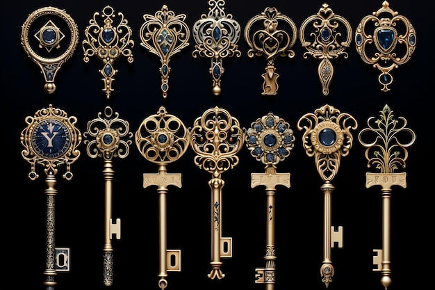 uma coleção de latão antigo e chaves de latão com o número 2 sobre eles