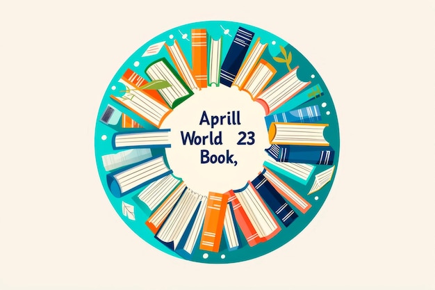 Uma coleção de livros diversos dispostos em formação de círculo contra um fundo com a inscrição 23 de abril Dia Mundial do Livro