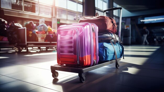 Foto uma coleção de malas e sacos cuidadosamente dispostos em um carrinho de bagagem pronto para embarcar em uma viagem ou recém-chegado a um local