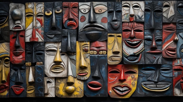 Uma coleção de máscaras com rostos e rostos pintados.