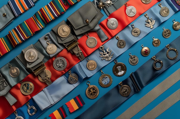 Uma coleção de medalhas e fitas são exibidas em uma mesa