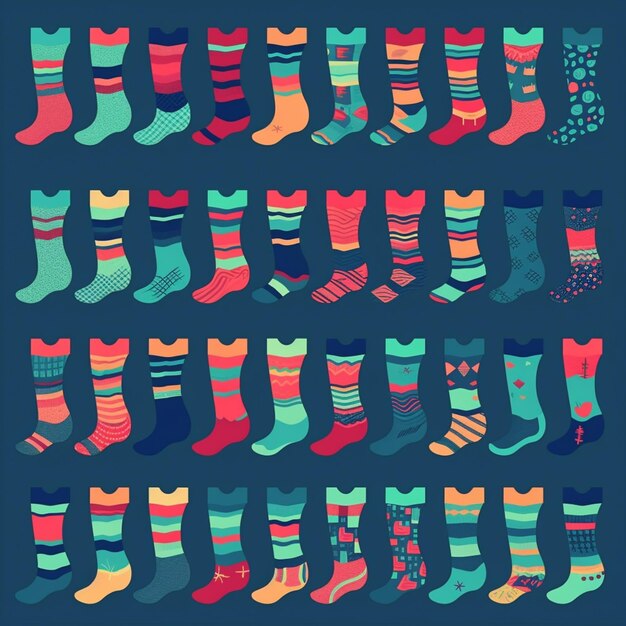 Uma coleção de meias com diferentes padrões em um fundo escuro.
