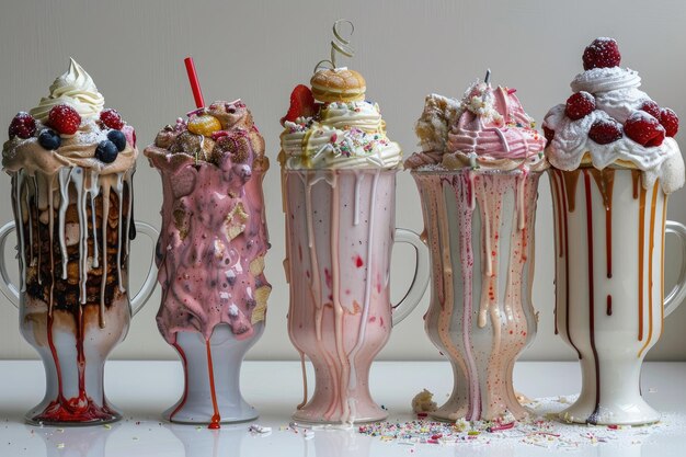 Foto uma coleção de milkshakes de grandes dimensões milkshakes com diferentes sabores gerados pela ia