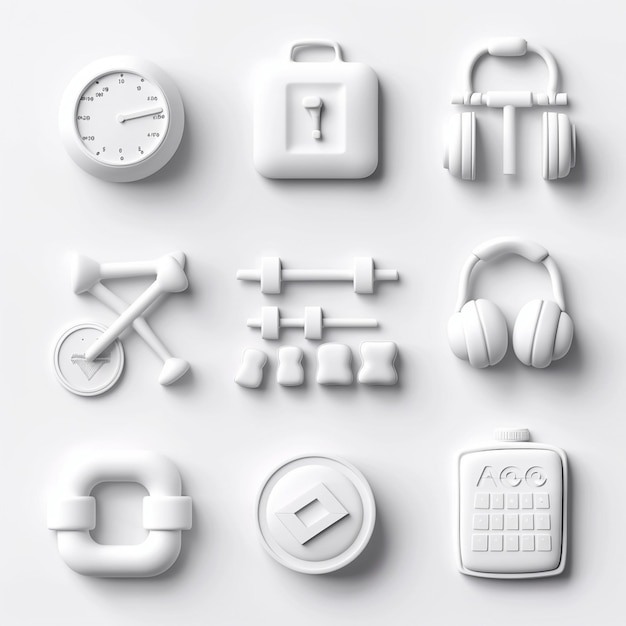 uma coleção de objetos brancos com um fundo branco com um relógio e uma chave