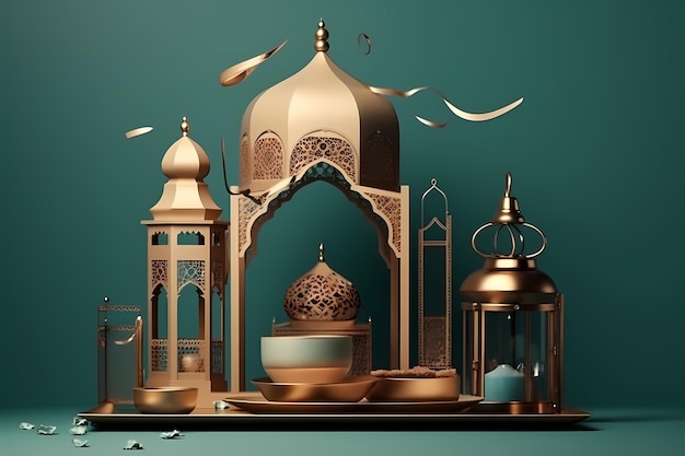 Uma coleção de objetos de ouro e prata com uma mesquita e uma lâmpada.