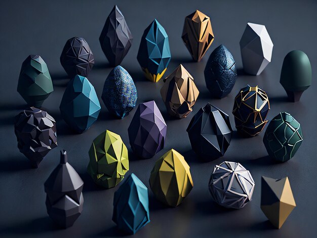 Uma coleção de ovos de origami com diferentes cores e formas.