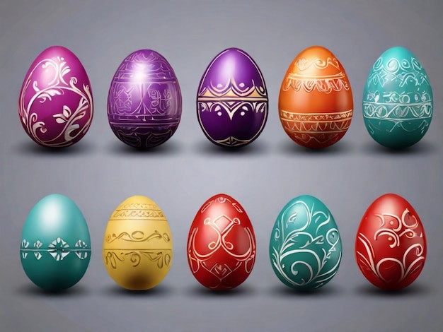 uma coleção de ovos de Páscoa coloridos com um fundo cinza