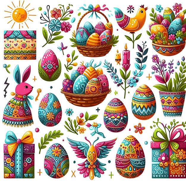 uma coleção de ovos de Páscoa coloridos e um sinal que diz Páscoa