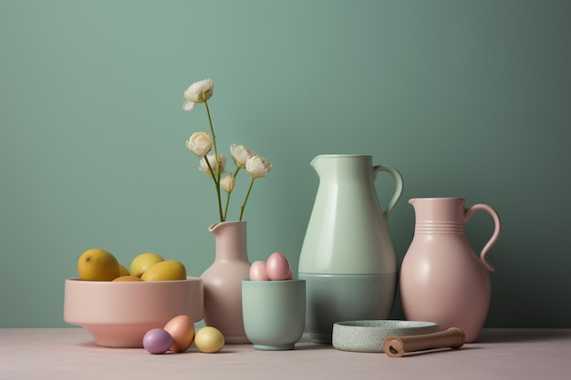 Uma coleção de ovos de páscoa e um vaso com flores sobre uma mesa.