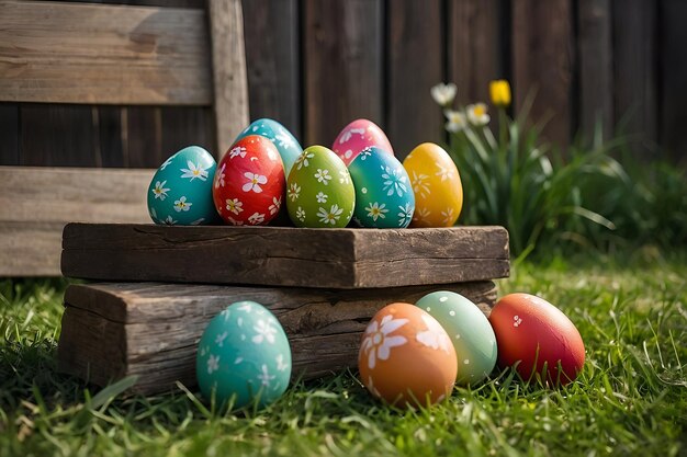 Uma coleção de ovos de Páscoa pintados celebrando uma Feliz Páscoa em um dia de primavera com hidromel de grama verde