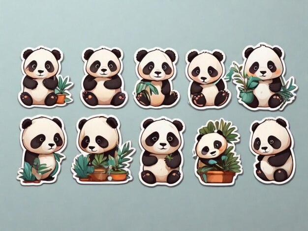 Foto uma coleção de pandas com uma planta e uma planta na parte de baixo