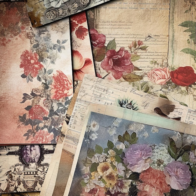 Uma coleção de papel velho com flores e as palavras 'vintage' nele