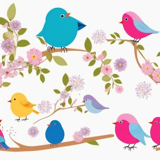 uma coleção de pássaros coloridos em um ramo com flores e flores