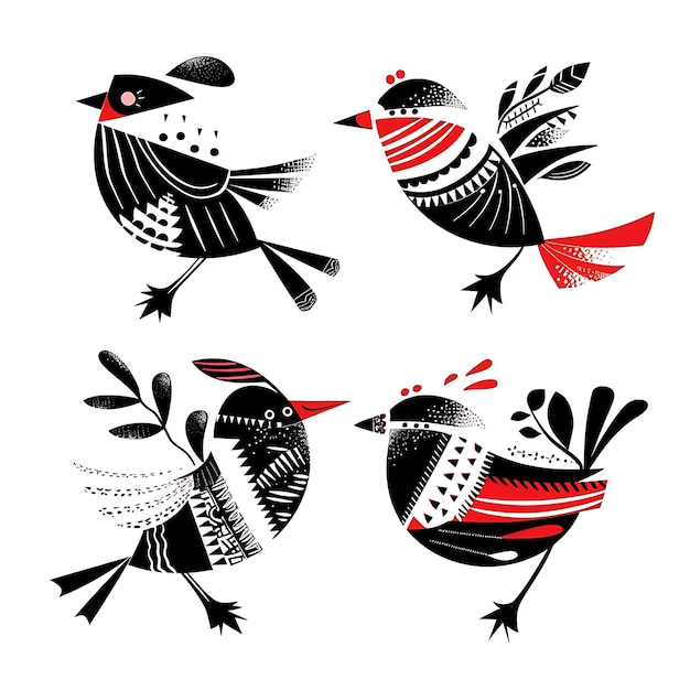 uma coleção de pássaros com um padrão vermelho e branco