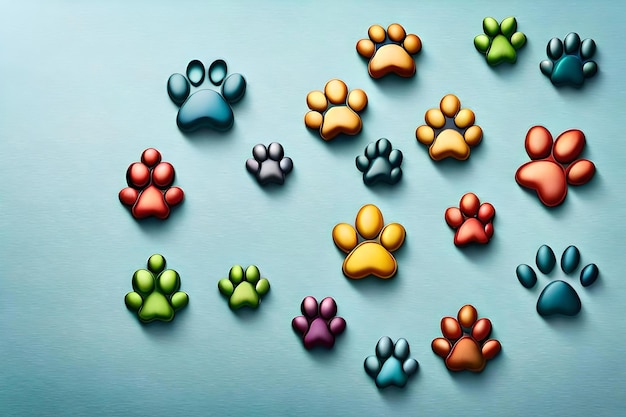 Uma coleção de patas de cachorro coloridas e pegadas.