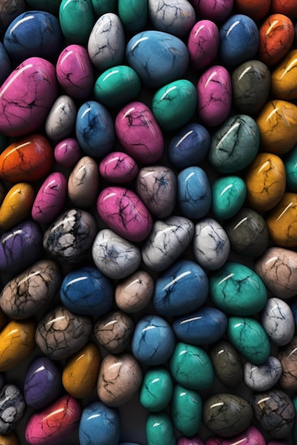 Uma coleção de pedras coloridas é exibida em uma mesa.