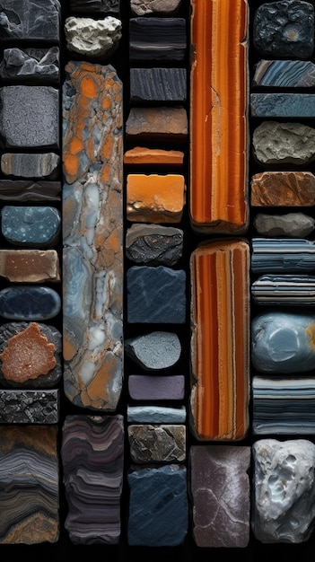 Uma coleção de pedras de diferentes cores, incluindo uma que é feita de pedra