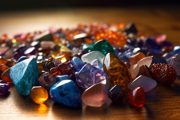 uma coleção de pedras preciosas coloridas em uma superfície de madeira.