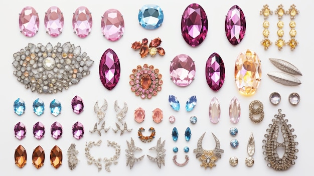 uma coleção de pedras preciosas e jóias cuidadosamente dispostas contra um fundo branco