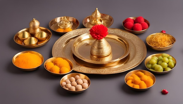 uma coleção de pequenas bandejas de ouro com vários itens, incluindo um item de ouro e um objeto de ouro