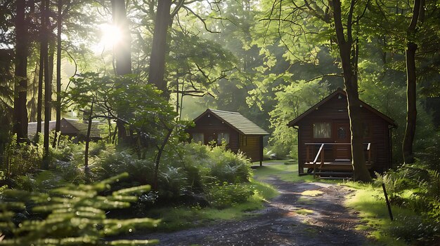 Uma coleção de pequenas cabanas de madeira aninhadas em uma floresta verde exuberante O sol está brilhando através das árvores criando um padrão manchado no chão