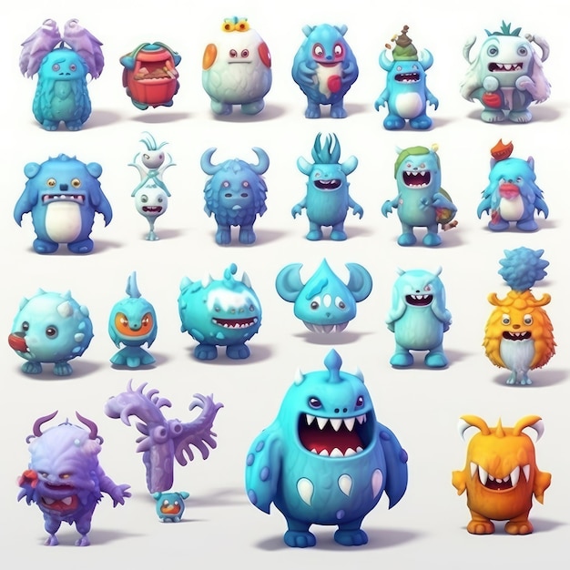 Uma coleção de personagens de desenhos animados, incluindo monstro azul, e monstro.