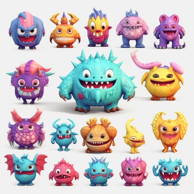 Uma coleção de personagens de desenhos animados, incluindo monstro, monstro e monstro.