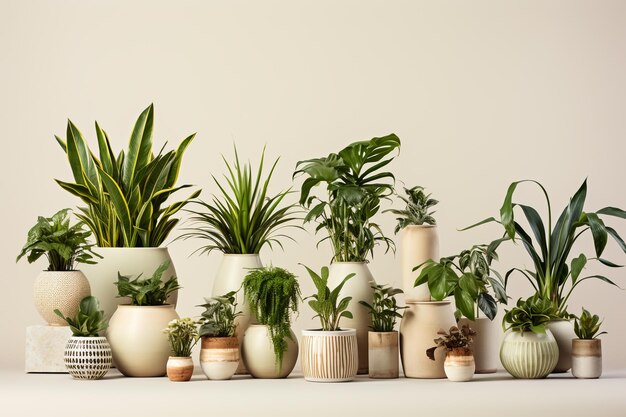 uma coleção de plantas e vasos com plantas sobre eles