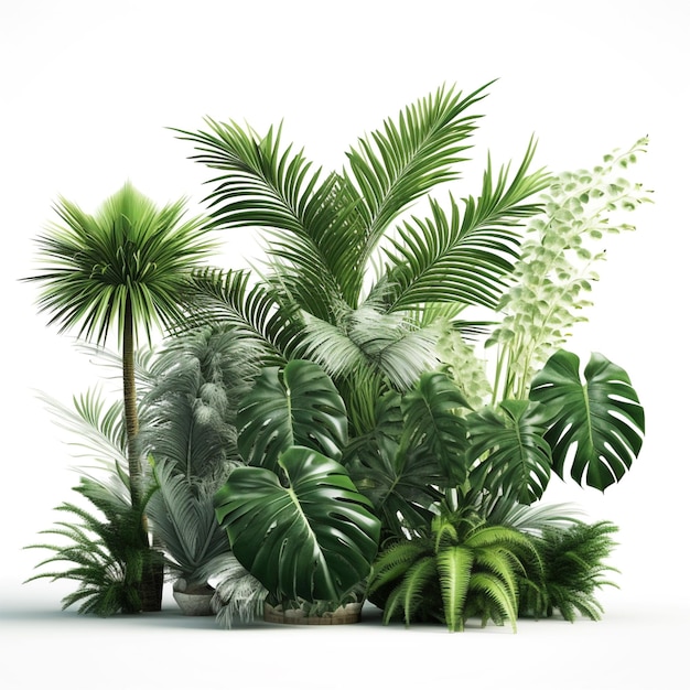 Uma coleção de plantas tropicais com folhas e flores.