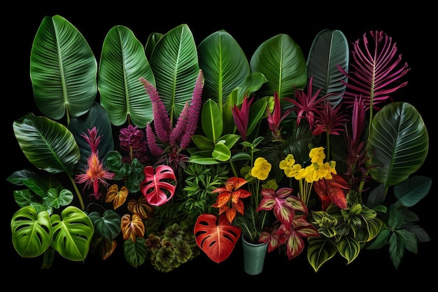 Foto uma coleção de plantas tropicais com folhas em um fundo escuro