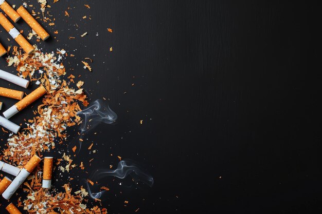 Foto uma coleção de porcas de cigarros e folhas de tabaco espalhadas sobre uma superfície de textura escura retratando os restos de fumo