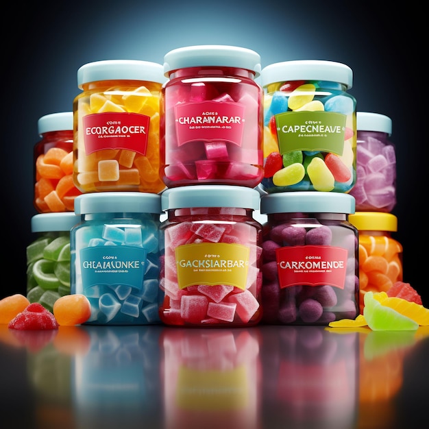 uma coleção de potes de doces coloridos com o nome pirulitos neles.